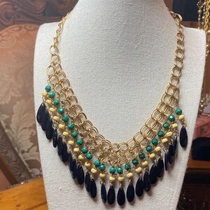 Gold Statement Necklace with Green and Black Beads